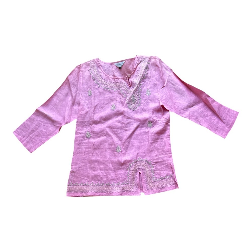 Champsely Couture Pink Linen Embroidered Tunic Kurti Top Sz 36, 3/4 Sleeve